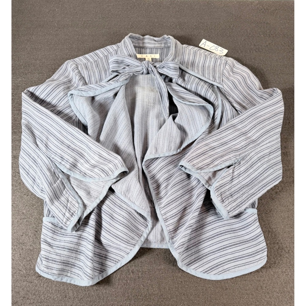 Cabi 870 Striped Bow Neck Open Front Jacket Blue Grey Cotton Womens Medium